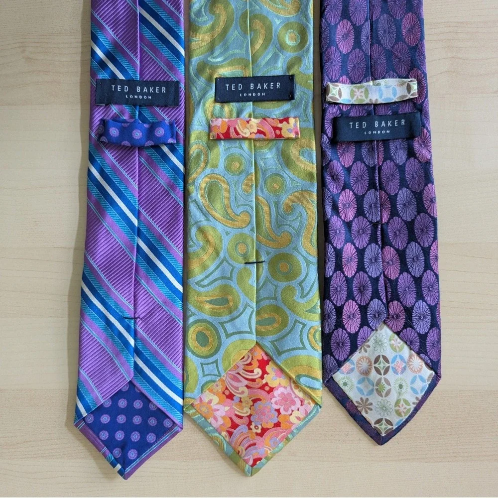 Ted Baker London Silk Tie Lot 3pc Paisley Striped Geometric Purple Blue Green